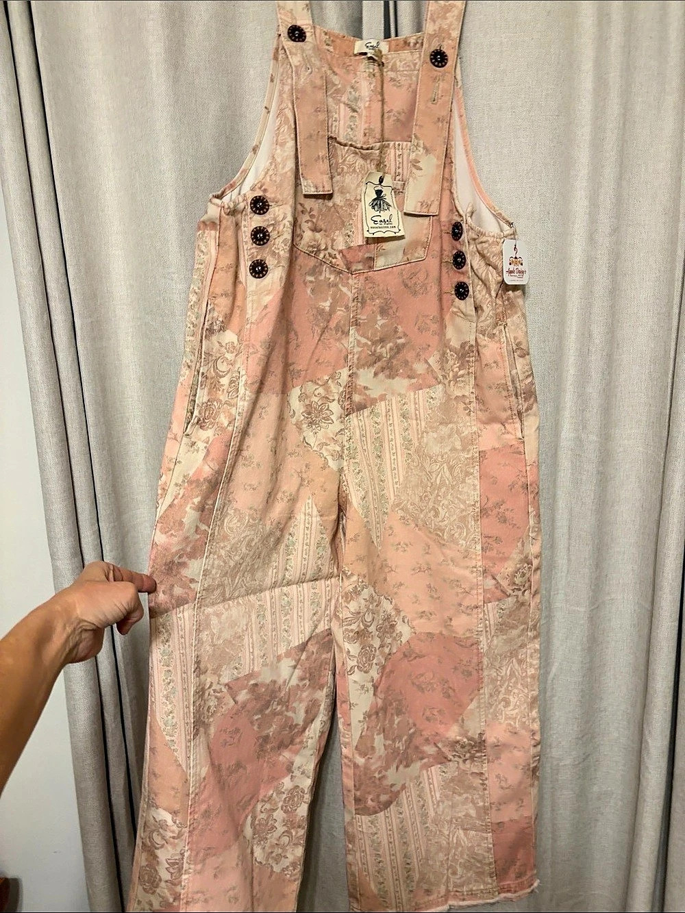 Easel Floral Patchwork Washed Overalls Pink & Beige Medium
